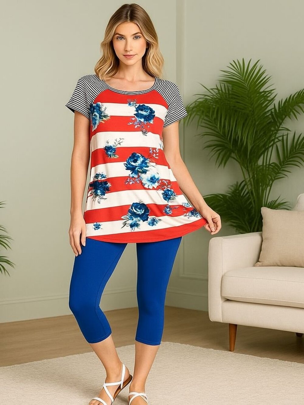 NEW Floral Top Red White Blue 4th of July Shirt Womens S/M/L/XL